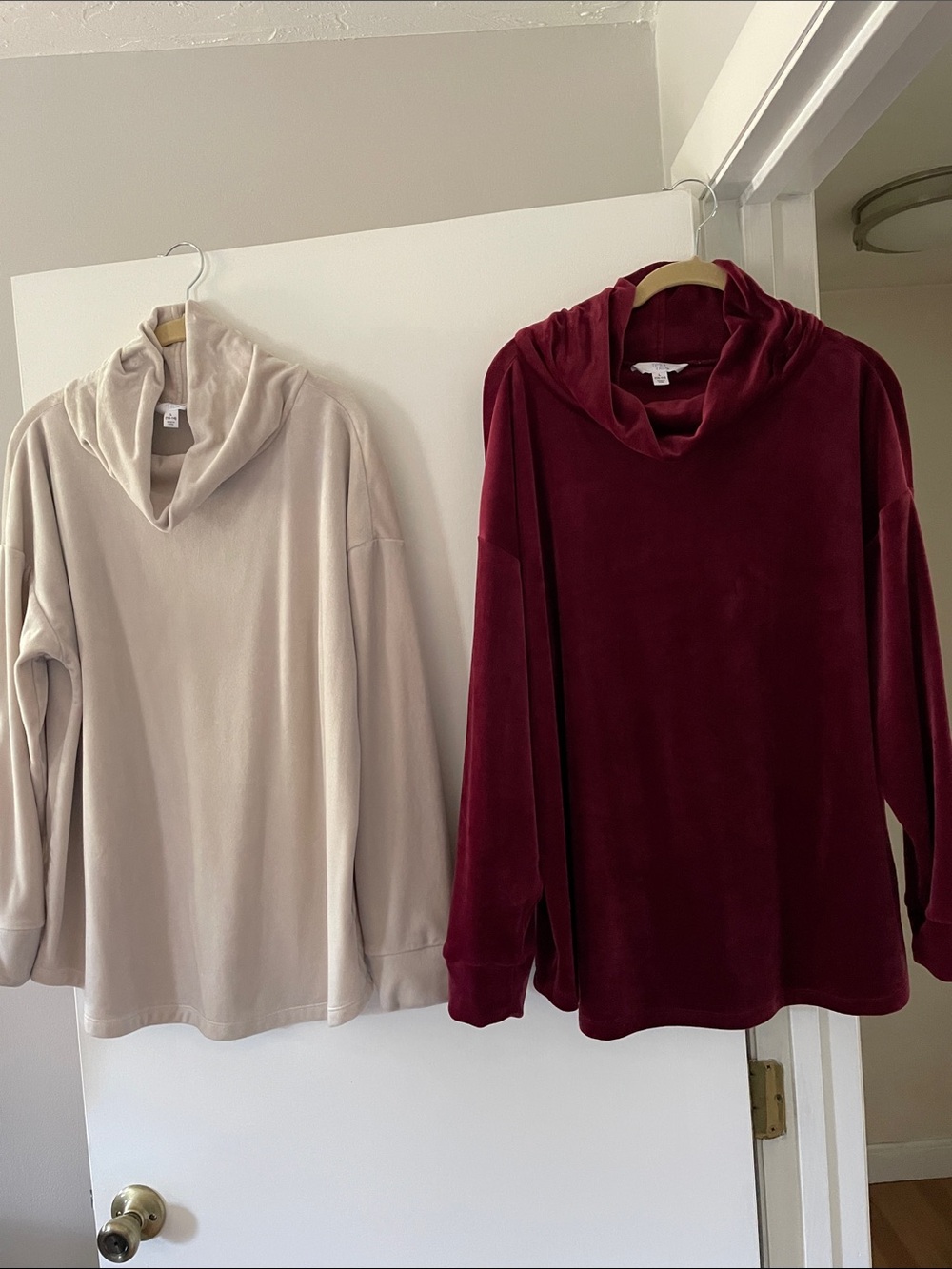 Time and Tru Velvet Cowl Neck Sweaters - Burgundy and Light Beige